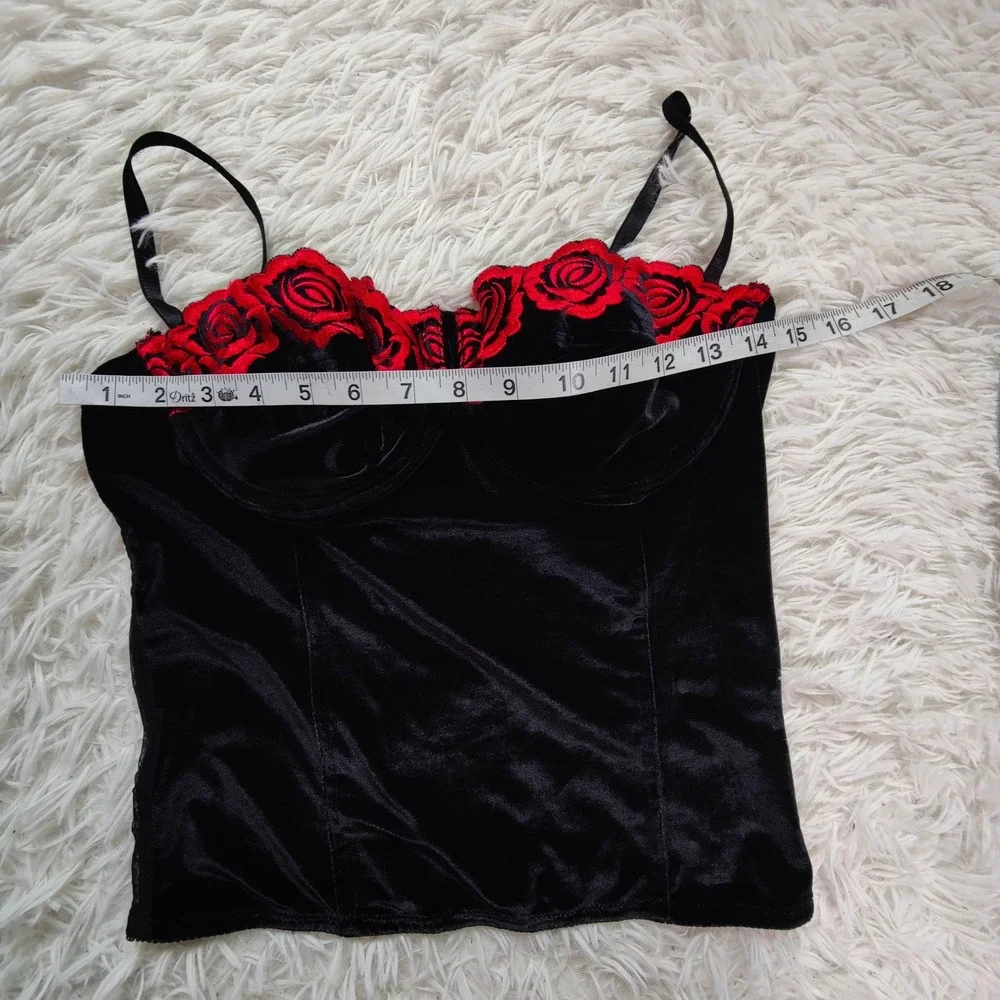 Black Velvet Bustier Corset Top Red‎ Rose Floral Embroidery Vamp Goth Romantic